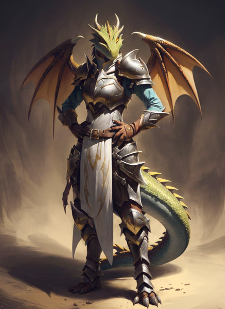 22072230-4161553118-green dragonborn, female, solo, gloves, standing, tail, full body, yellow eyes, wings, horns, signature, armor, shoulder armor,.png